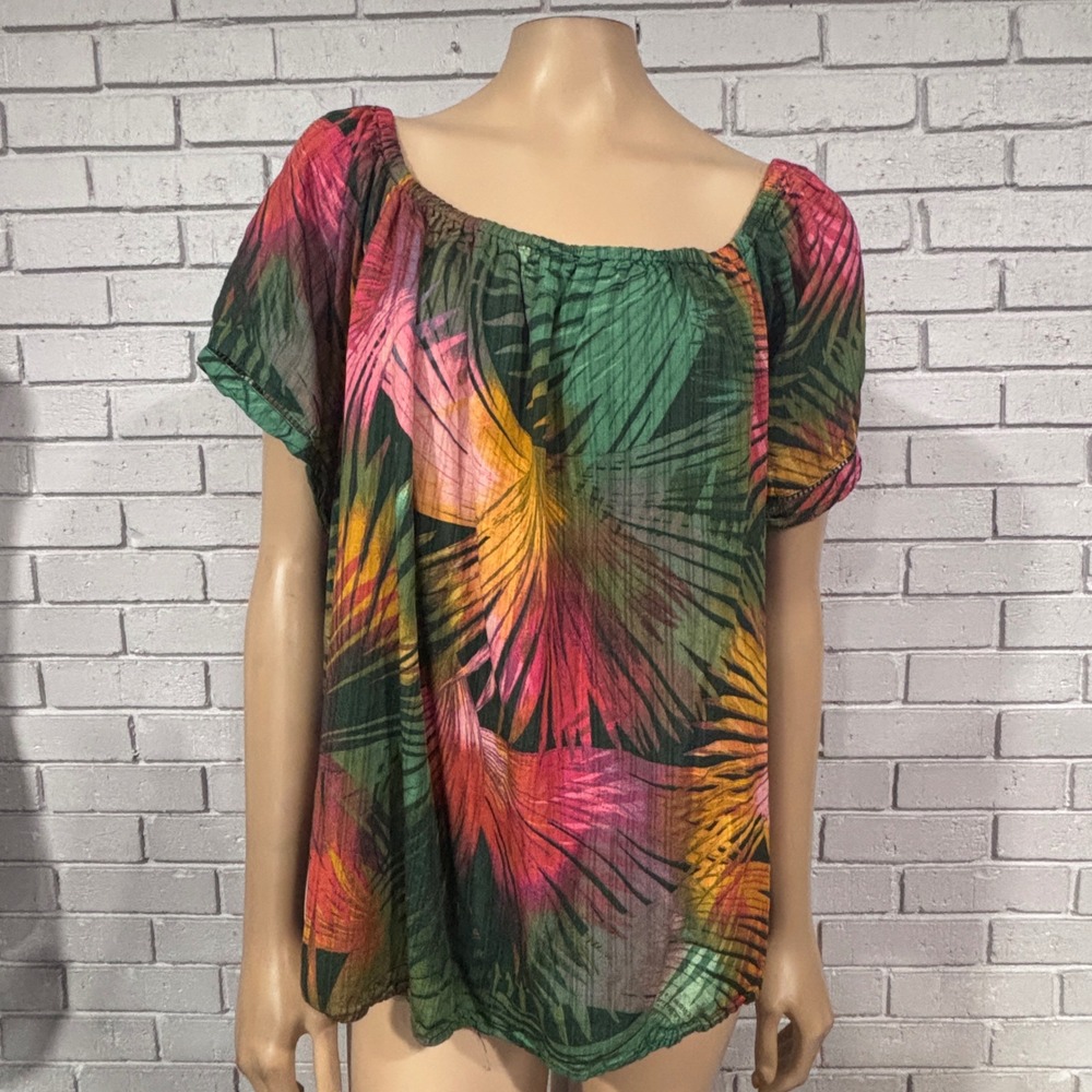 Terra Sky Plus Tropical Palm Print Short Sleeve Blouse Boho Extended 3X